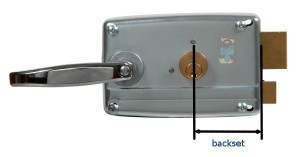 The backset is the distance between the centre of the cylinder and the plate from which latch protrudes.