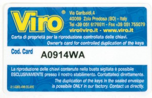A Viro coded ownership card, which only allows keys to be copied for rightful owner.