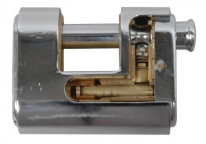  Details of a Viro Panzer armoured padlock, in which it can be seen that the steel armour encloses the brass body.
