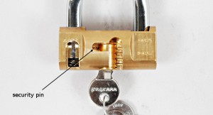 The Viro cylindrical padlock has a security pin on the opposite side to the pins.
