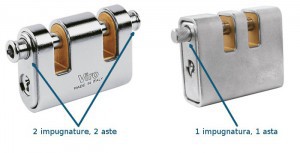 There are also padlocks with two slots but with only one bolt (and, therefore, only one grip) which do not have all the advantages of a double bolt.