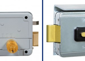 On the left in the photo there is the latch and ejector of a normal electric lock; on the right there is the Viro rotating deadbolt.