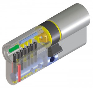 The high security Viro Palladium cylinder. The anti-drill pins in the body are highlighted in red and the anti-drill pin in the plug is highlighted in green. In this case, the pins and the counterpins (highlighted in black) also have an anti-drill function.