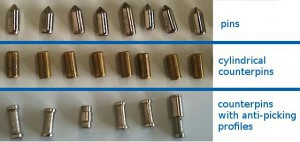 The top row shows the pins, the middle row shows the traditional cylindrical profile counterpins and the bottom row shows various counterpins with anti-picking profiles.